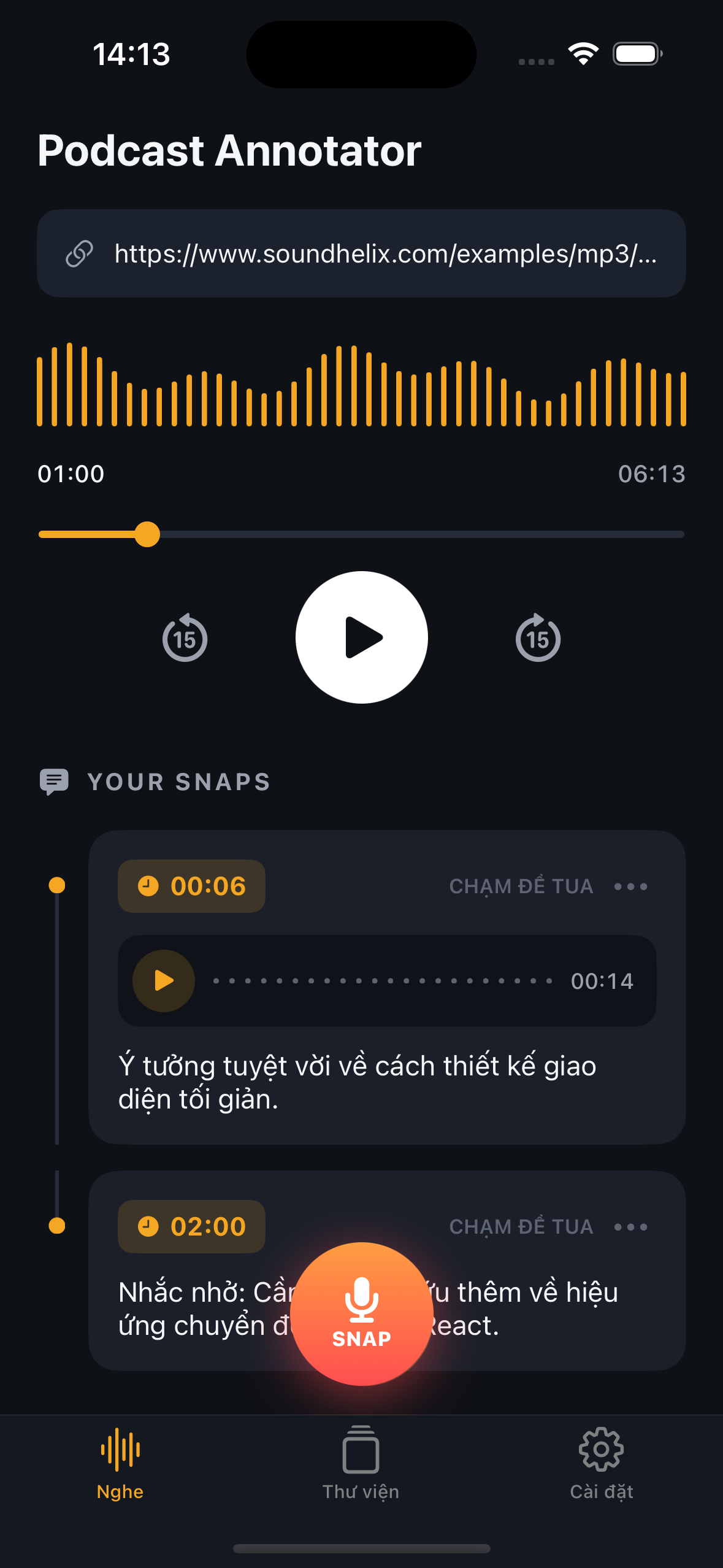 Podcast Annotator player screen